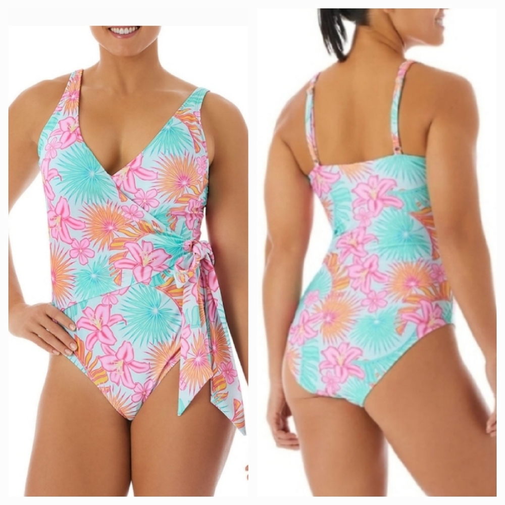 Vibrant Teal And Pink Hawaiian Tropical Floral Hibiscus One-Piece Wrap Swimsuit